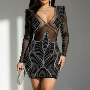 Black Long-Sleeve Embellished Bodycon Dress